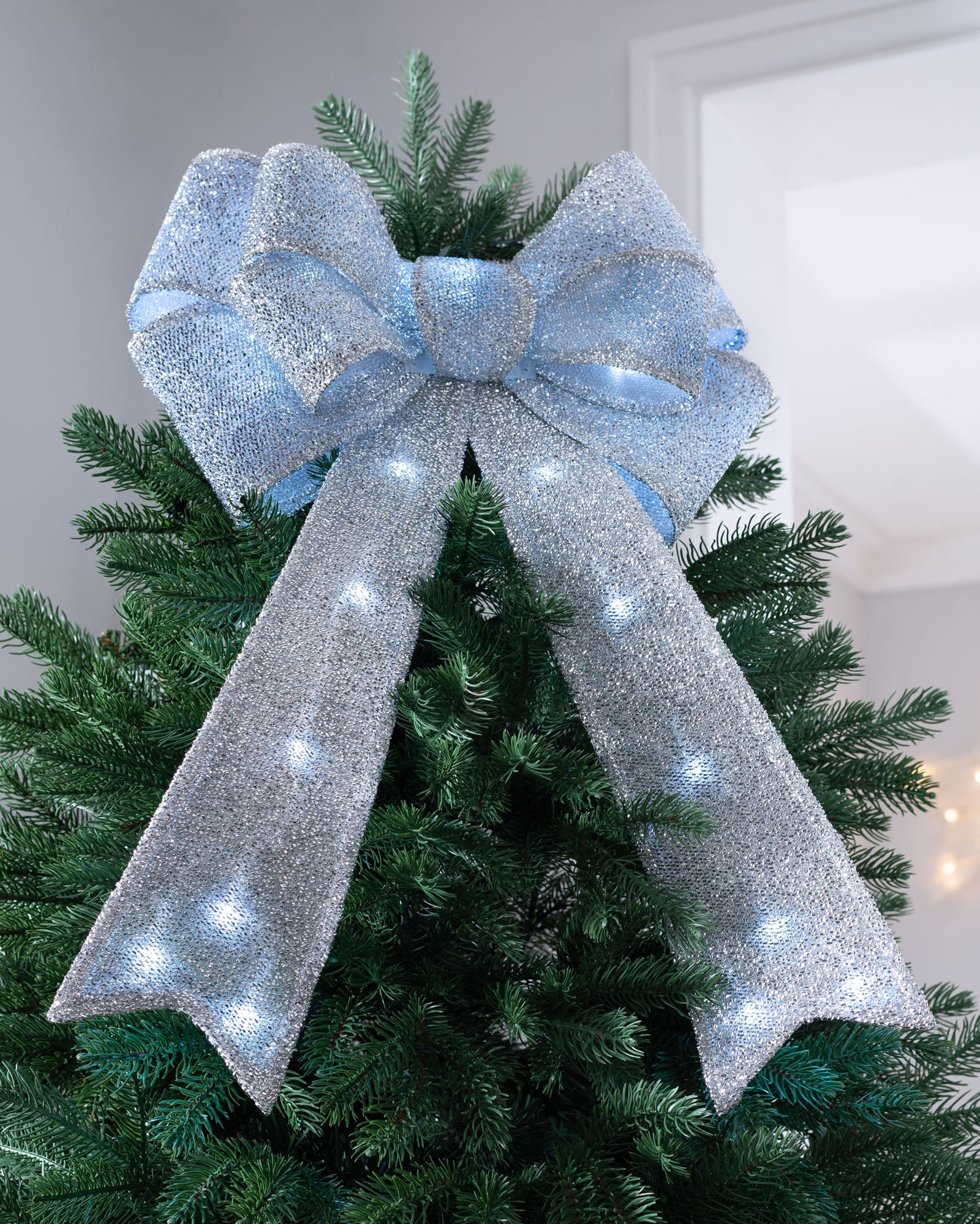 Pre-Lit Bow Tree Topper, Silver, 60 cm — We R Christmas